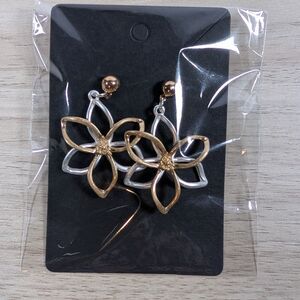 Two Tone Flower Dangle Earrings Gold Silver Tone Floral Drop Earrings